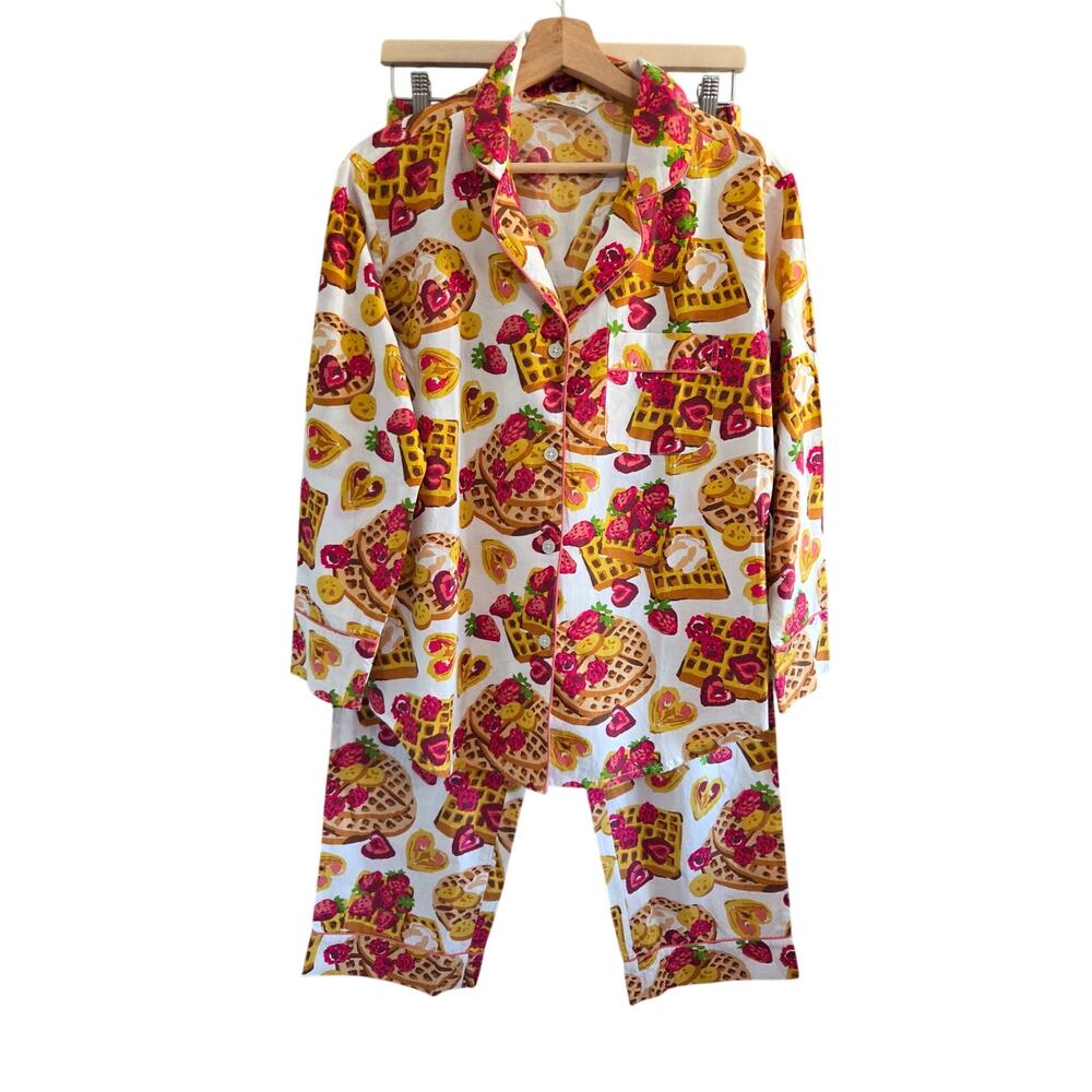 PrintFresh Waffles in Bed Long Pajama Set Size XS Organic Cotton Strawberries